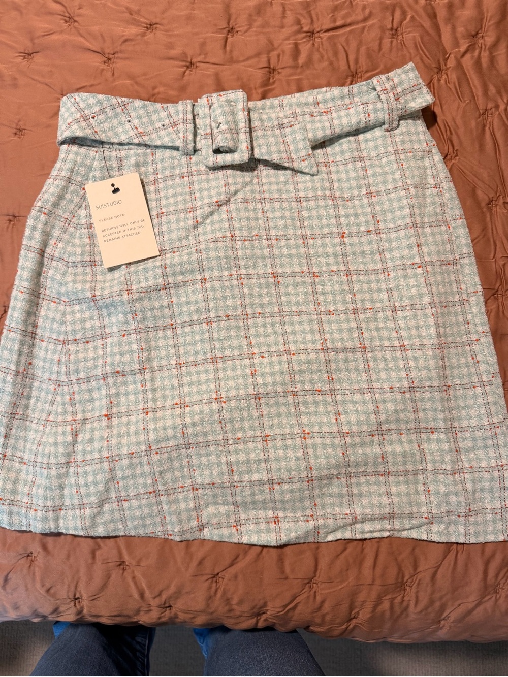 Suit Studio Light Teal and Orange Plaid Belted Mini Skirt